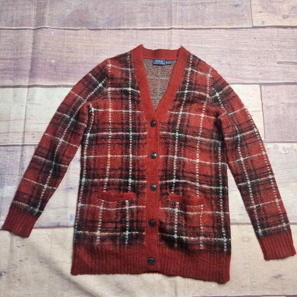 Polo Ralph Lauren Mohair Red Black Plaid Checkered Cardigan Sweater Size XS - Picture 1 of 5